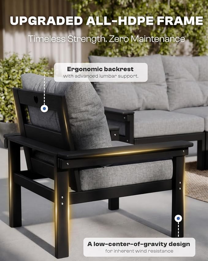 3 Piece HDPE Outdoor Patio Furniture Set, All-Weather 2 Armchairs with Side Table, Patio Conversation Set with Grey Washable Thick Cushion for Balcony,Porch(Black Frame)