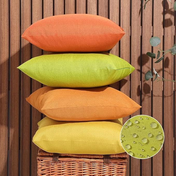 WEMEON Outdoor Waterproof Pillow Covers18x18in Set of 4, Solid Color Pillows Decorative Square Patio Furniture Pillows for Couch Patio Balcony Tent Garden(Orange/Teal) (20“x20”, Orange/Yellow)