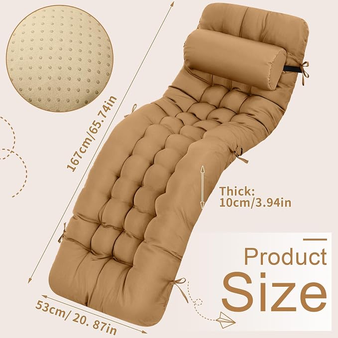 Tudomro Outdoor Chaise Lounge Cushion 66x21x4'' Waterproof & Fade-Resistant Patio Pool Chaise Lounge Cushion Headrest Pillow Tie Replacement Rocking High Back Chair(Brown,Set of 2)