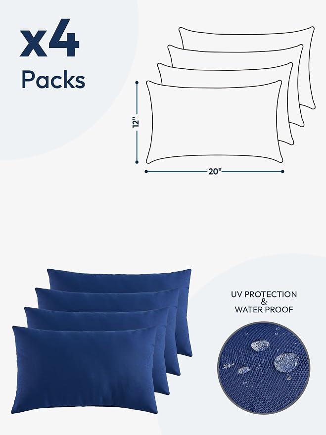 Indoor Outdoor Lumbar Pillows,Waterproof Outdoor Pillows Set of 4 for Patio Furniture,12×20 Inch, Navy Blue