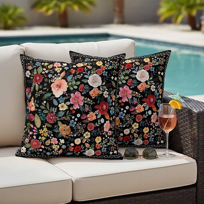Watercolor Flowers Waterproof Outdoor Pillow Covers 16''x16'' Set of 2, Farmhouse Floral Patio Furniture Black Cushion Covers for Chairs, Decorative Vintage Wildflowers Pillow Cases for Garden/Pool