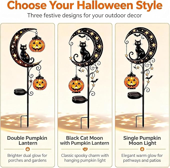 Solar Halloween Black Cat Garden Stake Light – Metal Crescent Moon & Pumpkin Lantern Yard Decor, Auto On/Off Waterproof LED Landscape Lighting for Patio Lawn Pathway (C)