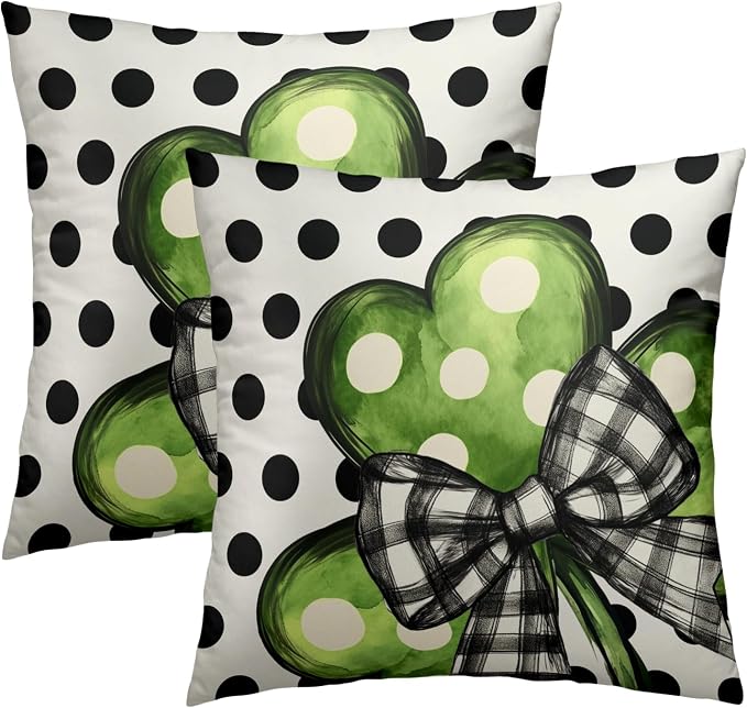 Lucky Shamrock Throw Pillow Covers Set of 2, 20x20 Inch Green Clover Polka Dots Irish Holiday Spring Square Pillowcases for Living Room Bedroom Sofa Couch Patio Outdoor Home Decor