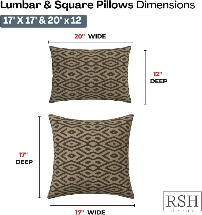 RSH DECOR: Lumbar & Square Pillows Set of 4 | 20" x 12" & 17" x 17" | Water and Fade-Resistant Performance Fabric | Outdoor Throw Pillows for Patio Furniture | Made in USA (Madura Mink)