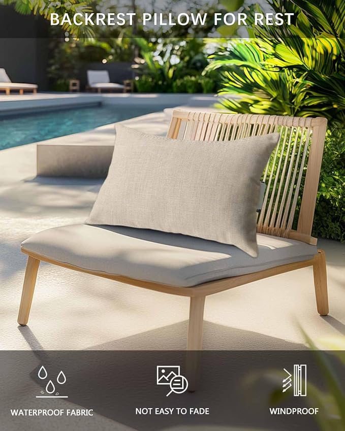 Outdoor Pillow for Chaise Lounge Chair Beige Rustic Vintage Burlap Texture Outdoor Pillows Waterproof with Adjustable Strap Headrest Lumbar Pillows for Garden Patio Furniture 2 Pack 12" x 20"