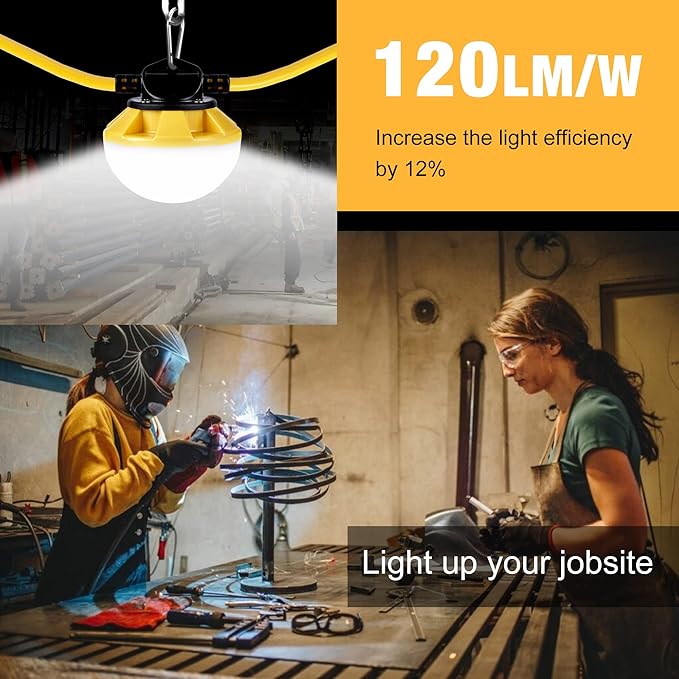 50FT LED Construction String Light, 50W 6000Lm,18AWG Wire,5000K Linkable String Work Lights with 5 Bulbs & Hooks, Industrial Temporary Lighting for Construction Site, Crawl Space,Job Site,Attic