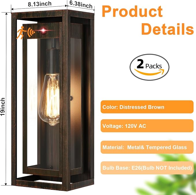 15" Motion Sensor Classic Outdoor Light Fixture Wall Mount, 3 Lighting Modes Waterproof Anti-Rust Wall Sconces, 2 Pack Exterior Lighting Fixtures for Front Door, Porch, Garage