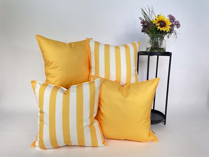 Pack of 2 Solid and Stripe 20''x20'' Outdoor Waterproof Yellow Throw Pillow Covers Decorative Square Cushion Patio Pillows for Patio Furniture (Samoan Sun)