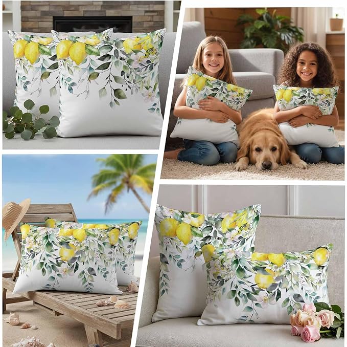 Rustic Floral Plant Outdoor Waterproof Throw Pillow Covers Set of 2, 18"x18", Green Eucalyptus Leaves Sage Lemon White Decorative Pillow Covers Outside Cushion Case for Patio Porch Garden