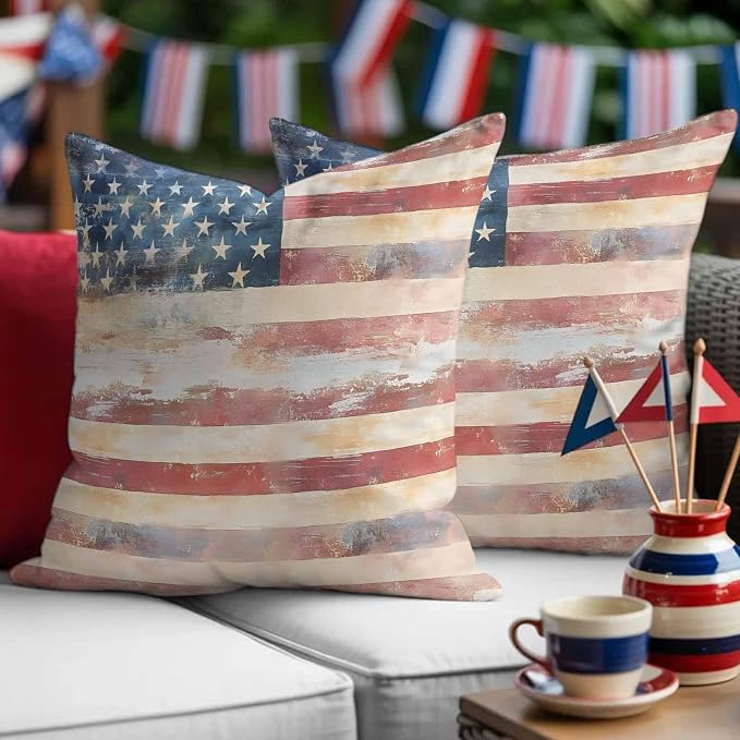 Retro American Flag Outdoor Pillow Covers 26"x26" Set of 2, Independence Day Waterproof Throw Pillow Covers for Patio Furniture, Decorative Cushion Covers for Porch