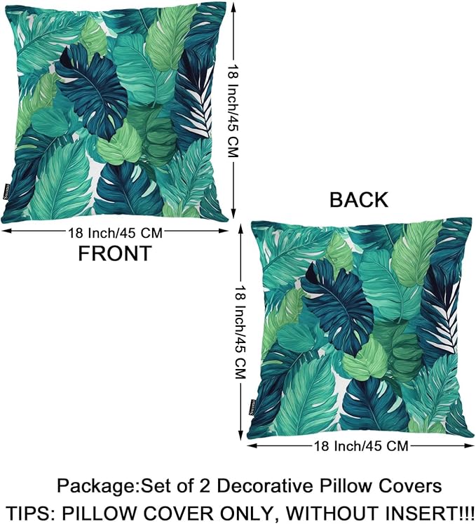 Swono Palm Leaves Bed Pillow Covers, Tropical Beach Turquoise Green Palms Decorative Throw Pillow Cover Cushion Case for Sofa Bed Living Room Farmhouse Decorations, 18"X18" 2 Pieces Pillowcases