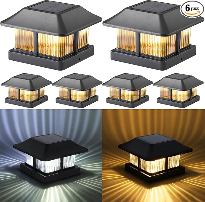 Dynaming 4x4 Solar Post Cap Lights Outdoor with 2 Color Modes, Fence Post Solar Lights Black Shell Brightness LED Lantern Lamps Waterproof for Garden Deck Patio, Fit 4x4 Wooden/Vinyl Posts, 6 Pack