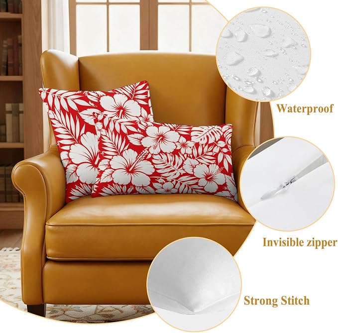 Red Hibiscus Flowers Waterproof Outdoor Pillow Covers Set of 2 Home Decor, Tropical Monstera Leaves Lumbar Pillowcase Patio Pillow Covers for Couch Bench Patio Furniture Garden 20x20in