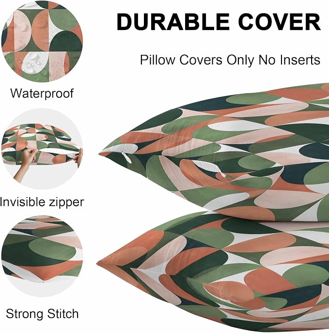 Vandarllin Outdoor Throw Pillows Covers 16x16 inch Set of 2 Waterproof Mid Century Geometric Decorative Zippered Cushion Covers for Patio Furniture, Abstract Modern Green Orange Lumbar Pillowcases