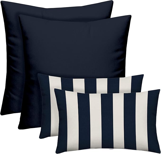 RSH DECOR Set of 4 Square and Lumbar Accent Pillows | Indoor/Outdoor All Weather Polyester Fabric | Reversible | 17"x 17"& 20" x 12" | Navy + Navy & White Stripe