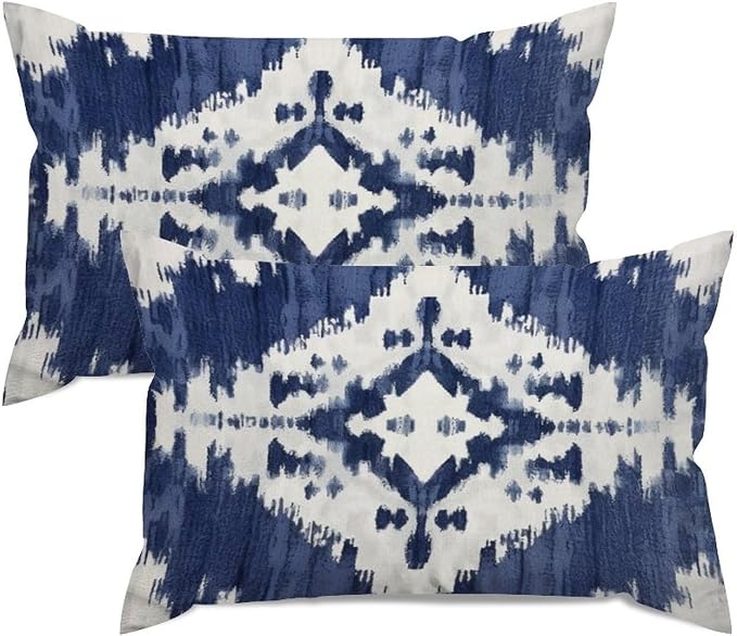 Set of 2 Navy Blue Grey and Beige Ikat Pattern Print Pillow Cases 12x18in Cushion Covers Farmhouse Pillows Covers for Couch Living Room Office Soft Rectangle Accent Pillowcase for Kids