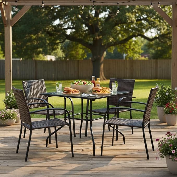 Tangkula 35 Inch Patio Dining Table with Tempered Glass Top, Square 4-Person Outdoor Bistro Table with 1.5" Umbrella Hole & Sturdy Metal Frame, Patio Dining Table for Backyard, Lawn, Deck & Poolside