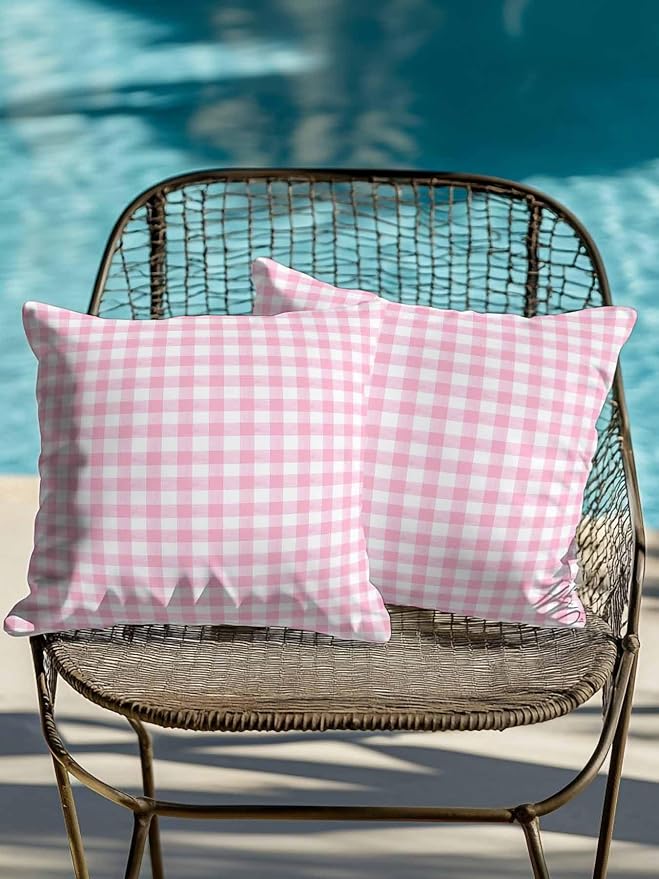 Outdoor Waterproof Throw Pillows Pink Geometric Plaid Patio Pillows Pack of 2,Decorative Pillow Covers with Insert,Pillow Cushion Case for Garden Couch Sofa Rustic Minimalist Checkered