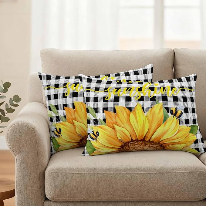 Farm Outdoor Pillow Covers Set of 2,Watercolor Sunflowers Honeybee Decorative Waterproof Throw Pillowcase Yellow Flower Black White Plaid Cotton Linen Soft Cozy Cushion Cover Pillowsham 20x12In
