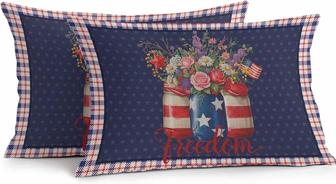 Waterproof Throw Pillow Covers, Independence Day Daisy Flower Tulip American Flag Star Blue Red Plaid Decorative Pillowcase Soft Cushion Case for Patio Couch Tent Balcony, Set of 2 Rectangle, 20"X12"