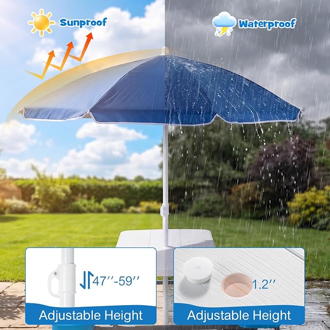 HONEY JOY Kids Picnic Table, 4 Person Toddler Outdoor Table and Chair Set, Built-in Benches, Removable Umbrella, Metal Frame & HDPE Top, Children Outdoor Furniture for Backyard Patio Garden (Blue)