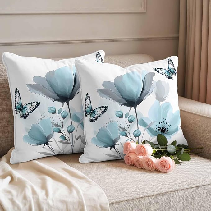 Spring Blue Tulip Waterproof Outdoor Pillow Covers Set of 2 Home Decor, Pastoral Botanical Florals Simple Pillowcase Patio Pillow Covers for Couch Bench Furniture Garden 18x18in