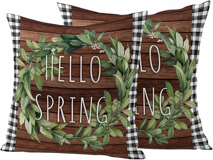 Hello Spring Outdoor Pillow Covers Pack of 2 Green Leaf Plant Black Plaid Brown Wood Grain Waterproof Throw Pillow Covers Decorative Cushion Cases for Patio Garden Tent Balcony Couch 18x18 inch
