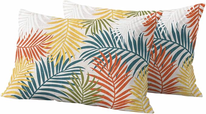 Outdoor Waterproof Throw Pillow Covers, Orange Green Yellow Palm Leaves Decorative Pillow Cases, Summer Botanical Tropical Leaf Couch Pillow Protector Patio Sofa Cushion Covers 20"x12" 2 Pack