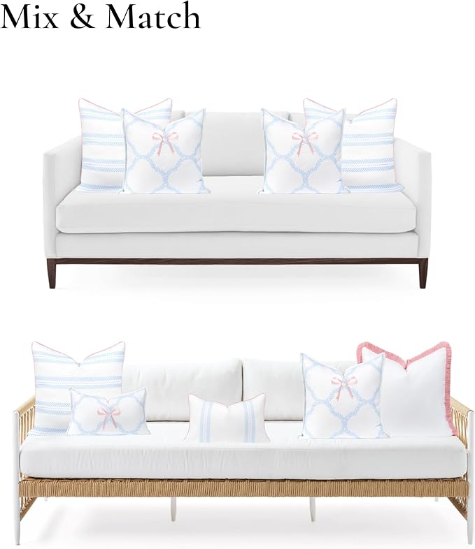 Hofdeco Premium Coastal Grandmillennial Patio Indoor Outdoor Throw Pillow Cover Only, 20"x20" Water Repellent for Backyard, Couch, Poolside, Baby Blue Pink Embroidered Ribbon Bow Tie on Leaves