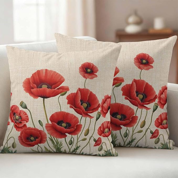Flowers Outdoor Waterproof Throw Pillow Covers 18"x18" Set of 2, Red Opium Poppy Flowers Vintage Linen Decorative Garden Pillowcase with Zipper Cushion Case for Patio Couch Tent