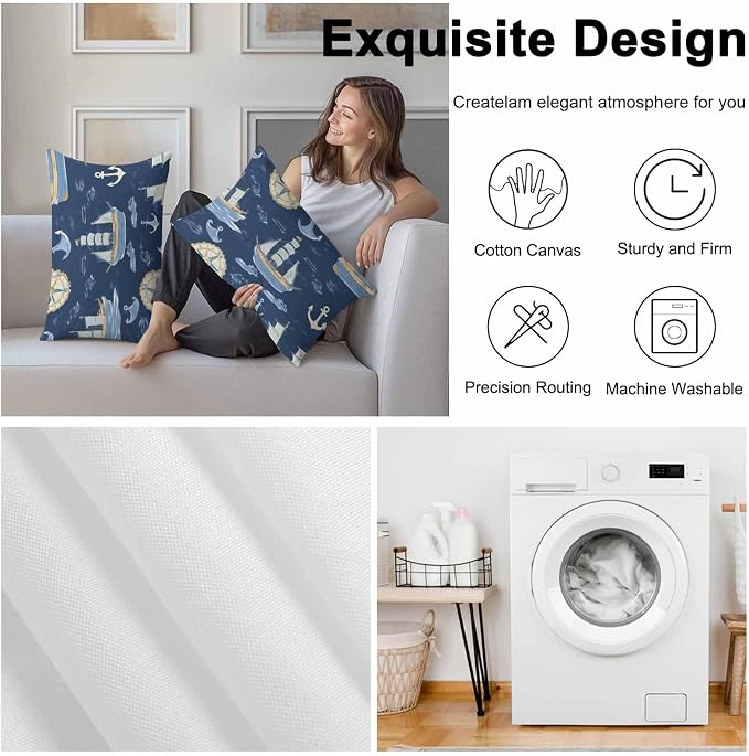 Coastal Boat on Navy Blue Outdoor Pillow Covers 20x12in Pack of 2 Waterproof Pillowcase Nautical Ocean Compass Anchor Decorative Throw Cushion Case for Patio Couch Sofa
