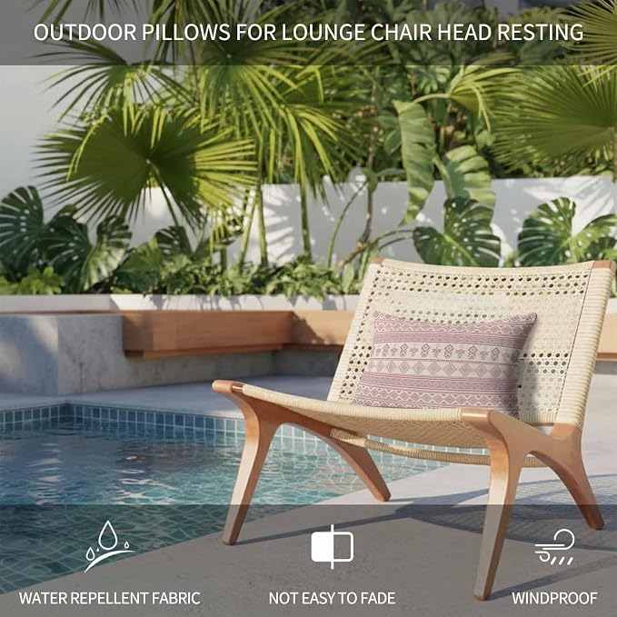 Outdoor Lumbar Pillow Set of 2, Beige Boho Striped Waterproof Beach Headrest Pillow with Inserts, Southwestern Ethnic Tribe Vintage Recliner Throw Pillows for Patio Furniture, 11 x 16