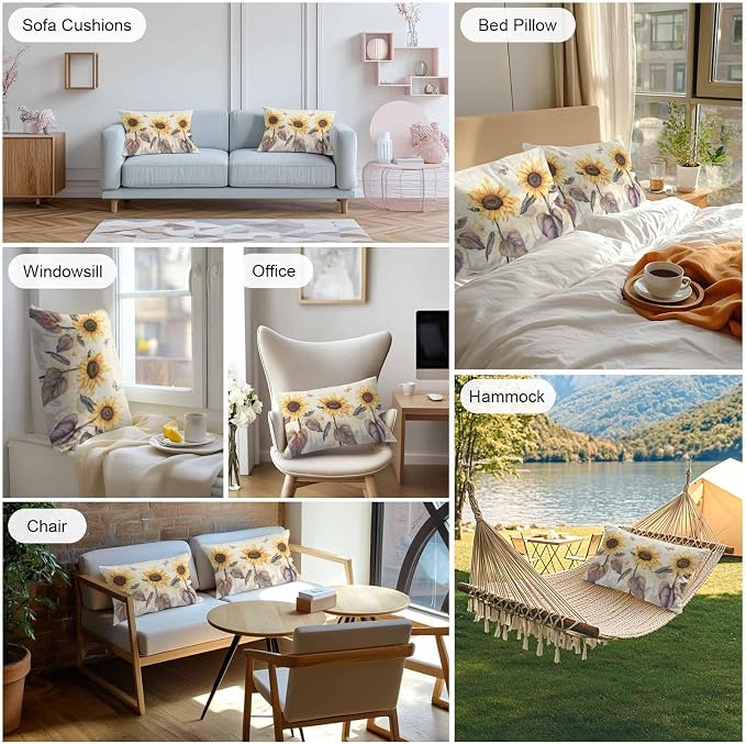 Sunflower Outdoor Pillow Covers Pack of 2, Retro Sunflower Floral Butterfly Waterproof Pillow Covers Seasonal Spring Summer Throw Pillowcase for Patio Funiture Garden Tent, 12 x 20 inch