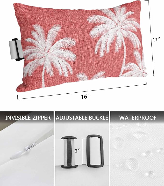 Pack of 2 Outdoor Lumbar Pillow Covers 11x16 Inch, Coral Red Palm Trees Waterproof Throw Pillow Covers Set, Farmhouse Tropical Summer Beach Indoor&Outdoor Decorative Cushion Cases for Patio Porch Car