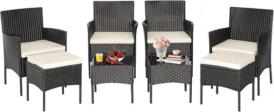 HAPPYGRILL 8 Piece Patio Furniture Set Outdoor Rattan Wicker Sofa Set with 2 Coffee Tables & 2 Ottomans, Rustproof Metal Frame, Soft Seat Cushions, Patio Wicker Conversation Set for Backyard Poolside