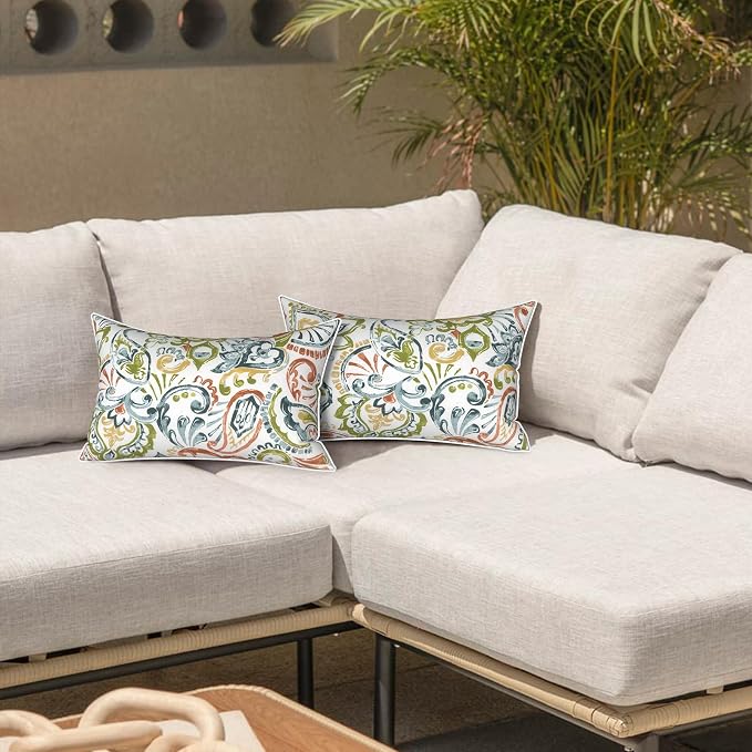 LVTXIII 2 Pack Outdoor Lumbar Pillows 12x20 Inch with White Piping, Fade Resistant Support Throw Pillows with Inserts for Patio Furniture, Sofa, Chair, Paisley Botanical