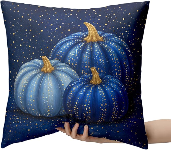 Fall Throw Pillow Covers Autumn Thanksgiving Pillowcases Harvest Navy Blue Pumpkin Pillow Covers 18x18 Set of 2 Gold Dotted Pumpkins Cushion Cases for Bedroom Living Room Patio