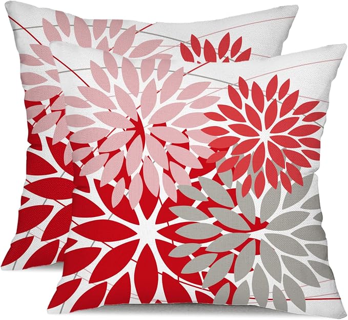 DFXSZ Pack of 2 Outdoor Waterproof Throw Pillow Covers 18x18 Pink Red Grey | Polyester Spring Summer Valentines Floral Decorative Cushion Cases(NO INSERT),For Couch Patio Funiture Garden Home Decor