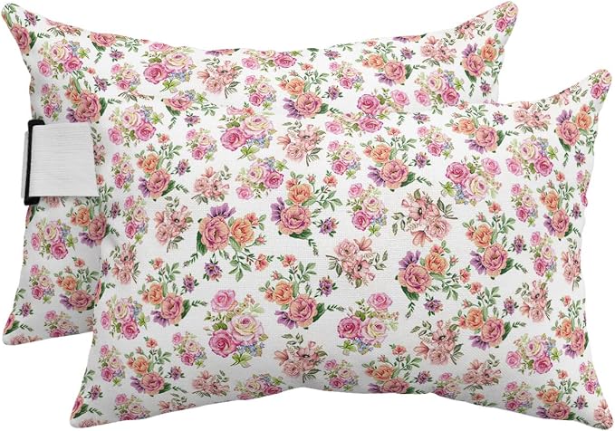 Outdoor Pillows Covers with Inserts Classic Retro Flowers Gradient Flower on White Waterproof Pillow with Adjustable Strap Throw Pillows for Patio Furniture Recliner Lounge Chair, 11x16 inch, 2PCS
