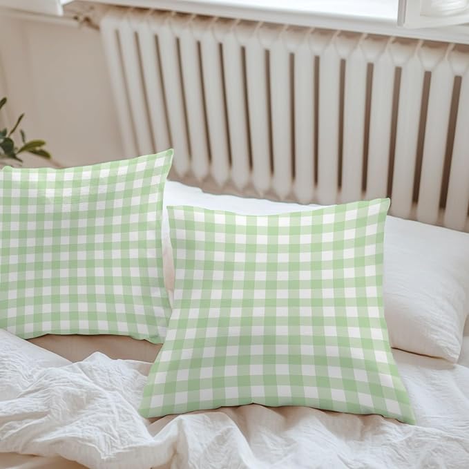 Mint Green Checks Outdoor Pillow Covers 18"x18" Set of 2, Gingham Plaid Abstract Modern Minimalist Waterproof Throw Pillow Covers for Patio Furniture, Decorative Cushion Covers for Porch
