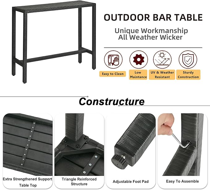 Outdoor Bar Table, Outdoor Console Table for Patio 45" Long Bar Height Table Hot Tub Tall Tables Wicker High Top Pub Serving Tables Narrow Sofa Sideboard Black