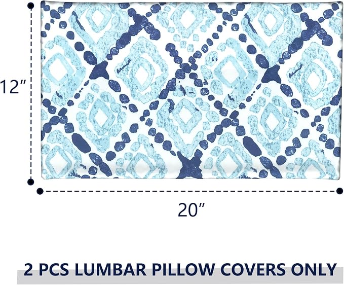 Outdoor Lumbar Pillow Covers 12”x20”, Rectangle Throw Pillow Covers for Patio Furniture, Decorative Lumbar Cushion Case for Garden Balcony Couch Office Chair, Pack of 2, Boho Geometry Blue