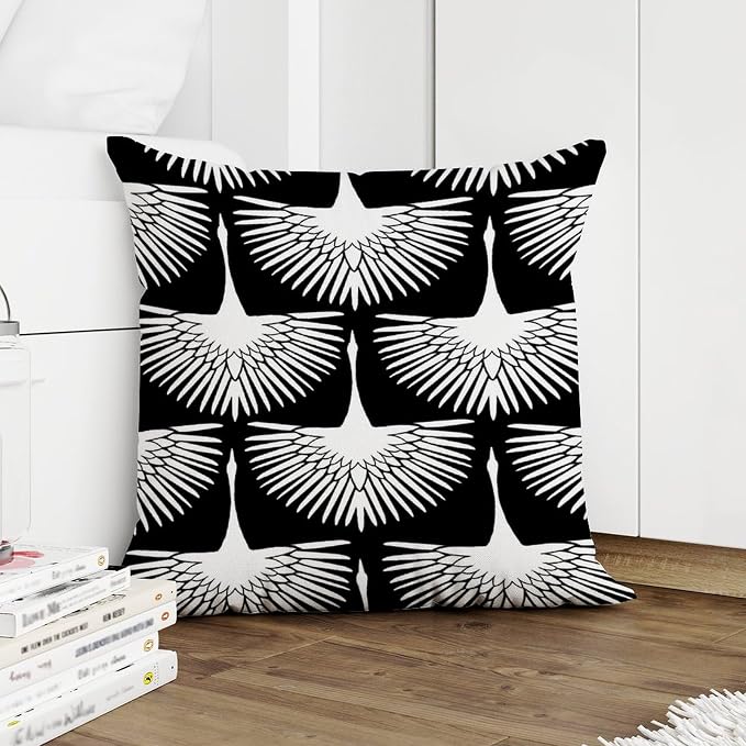 White Cranes Cushion Cases Black and White Lily Geese Flock Throw Pillow Cover Abstract Farmhouse Decor Pillow for Patio Tent Couch 16x16 in