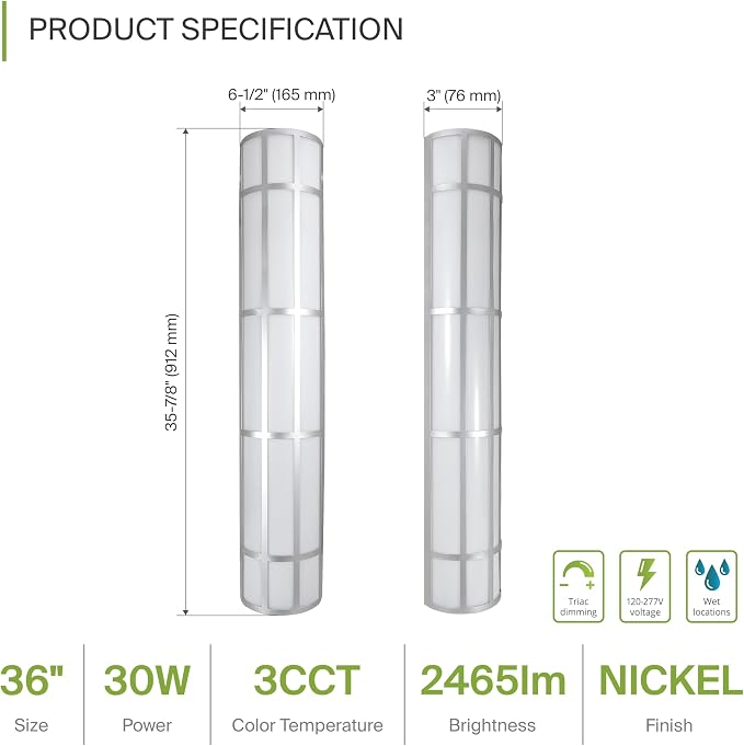 ASD 36 Inch LED Outdoor Wall Light - 30W 120-277V Brushed Nickel Modern Wall Sconces - 3000K 4000K 5000K Dimmable Patio & Porch Decor Outside Lights for House - ETL
