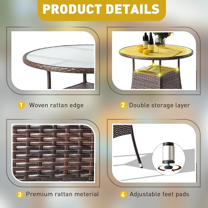 VINGLI 32" Outdoor Dining Table, Wicker Round Patio Table Tempered Glass Patio Dining Table Outdoor Table for Balcony Garden Deck and Porch, Brown