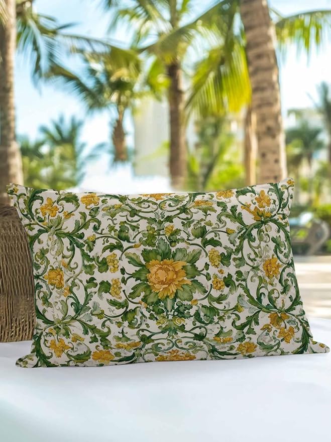 Outdoor Pillows with Inserts 12x20, Yellow Green Boho Waterproof Outdoor/Indoor Throw Pillows, Classic Floral Farmhouse Botanical Decorative Pillow for Bed Couch Sofa Patio Furniture