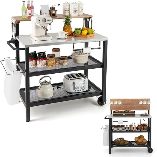 Giantex Outdoor Grill Cart, Pizza Oven Stand with Flip up Bar Table, 4-Shelf Food Prep Cooking Station with Hooks, Trash Bag Holder, Paper Towel Holder, Heavy Duty Movable Dining Table with Wheels