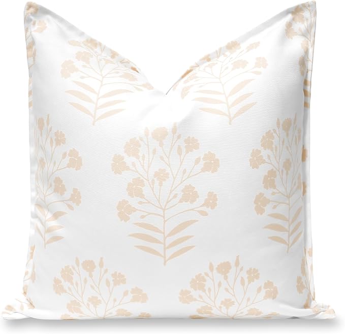 Hofdeco Premium Coastal Hampton Patio Indoor Outdoor Throw Pillow Cover Only, 20"x20" Water Repellent for Backyard, Couch, Poolside, Neutral Tan Print Floral