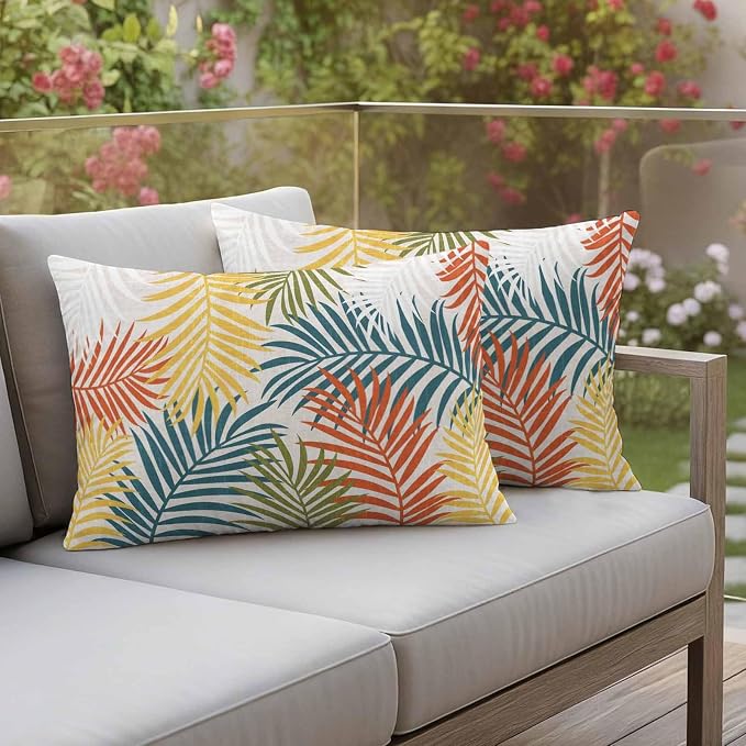 Yellow Green Palm Leaves Outdoor Pillow Covers 20"x12" Set of 2, Summer Botanical Vintage Tropical Leaf Rustic Waterproof Throw Pillow Covers for Patio Furniture, Decorative Cushion Covers for Porch