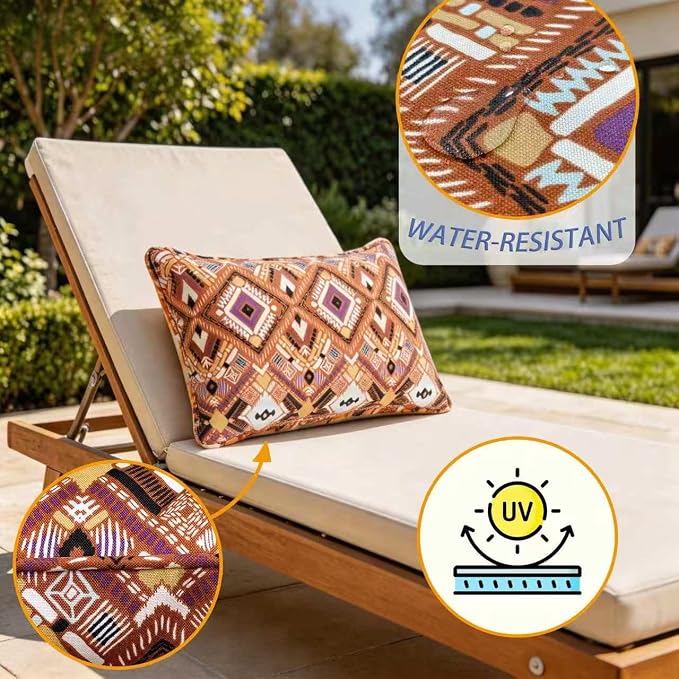 12x20 Inch Outdoor Lumbar Pillows, 4-Pack with Built-in Inserts. One-Piece Zipper-Free Design, Supportive, Fade & Water Resistant for Patio, Porch, Couch and Office Chair, Terracotta Boho